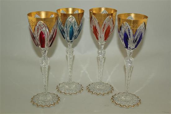 A set of four St Louis colour flash and cut hock glasses, 20th century, 22.5cm